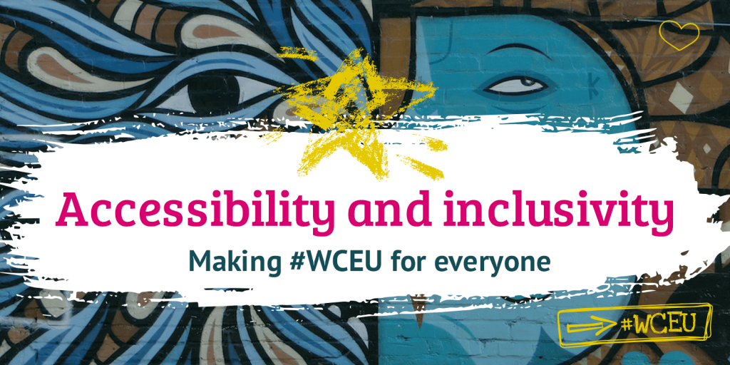 Graphic for page about accessibility and inclusivity at WordCamp Europe, making #WCEU for everyone