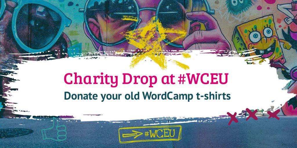 Charity Drop at WCEU banner - donate your WordCamp t-shirts