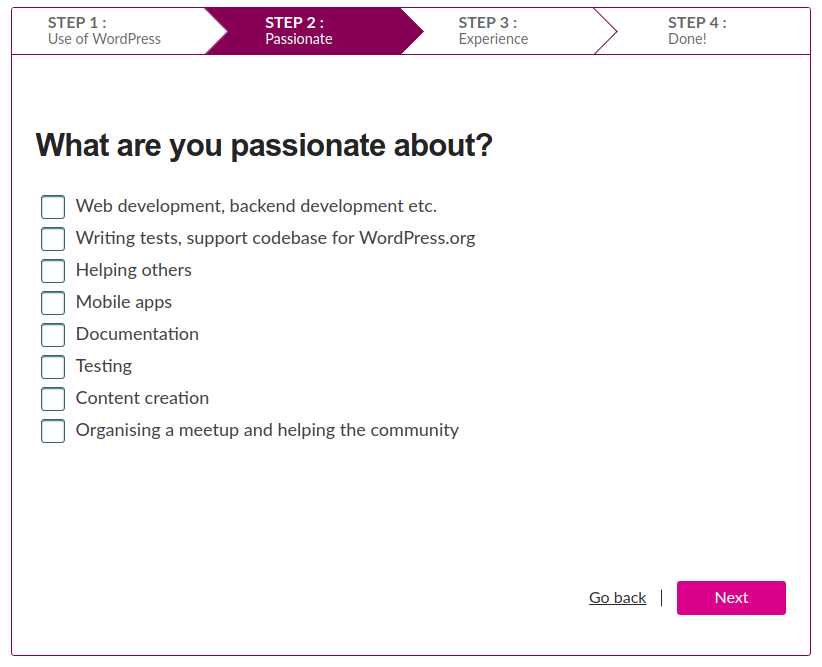 Screenshot of step 2 of the tool - ‘What are you passionate about?’