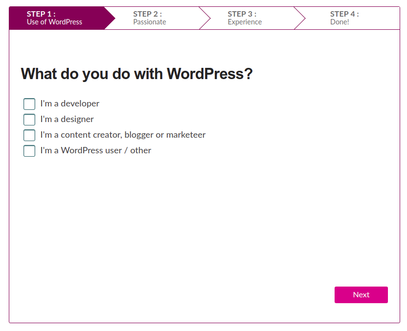 Screenshot of Step 1 of the tool asks ‘what do you do with WordPress?’